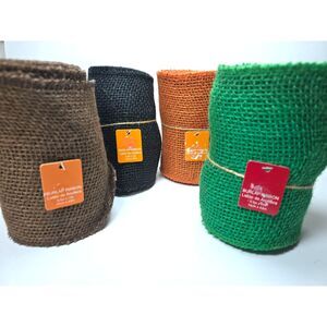 Burlap Ribbon Lot X 4 Different Colors Brown Black Orange Green 5.5" No Wire
